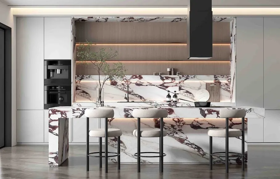 Minimalist kitchen design with porcelain countertops and tall storage walls, Hawaii residence