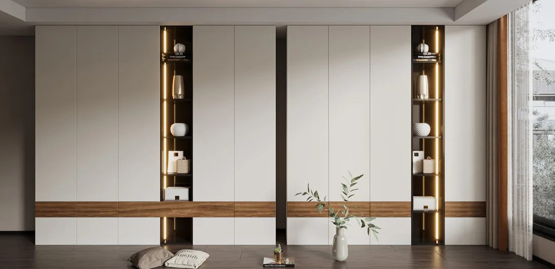 Custom bedroom storage with matte and wood-grain finishes, Kapolei showroom display