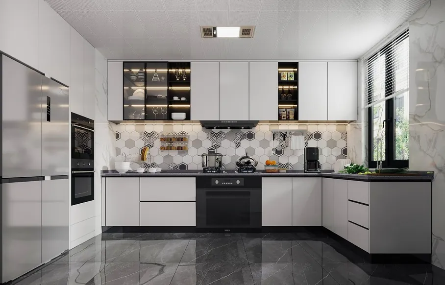 Contemporary kitchen design featuring a stone backsplash and matte finishes, Kapolei showroom display