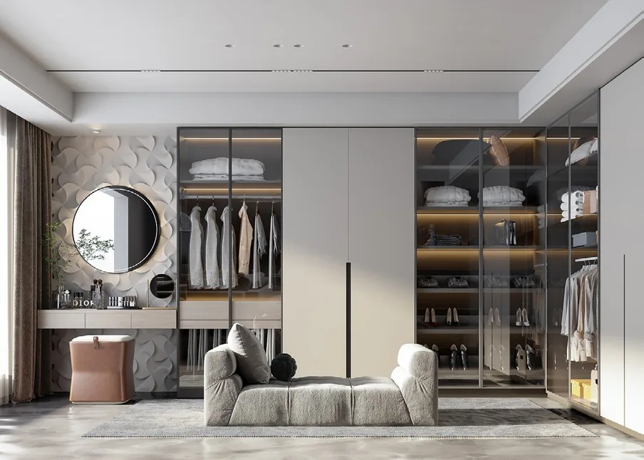 Floor-to-ceiling closet system featuring full-height mirrored doors, Oahu showroom