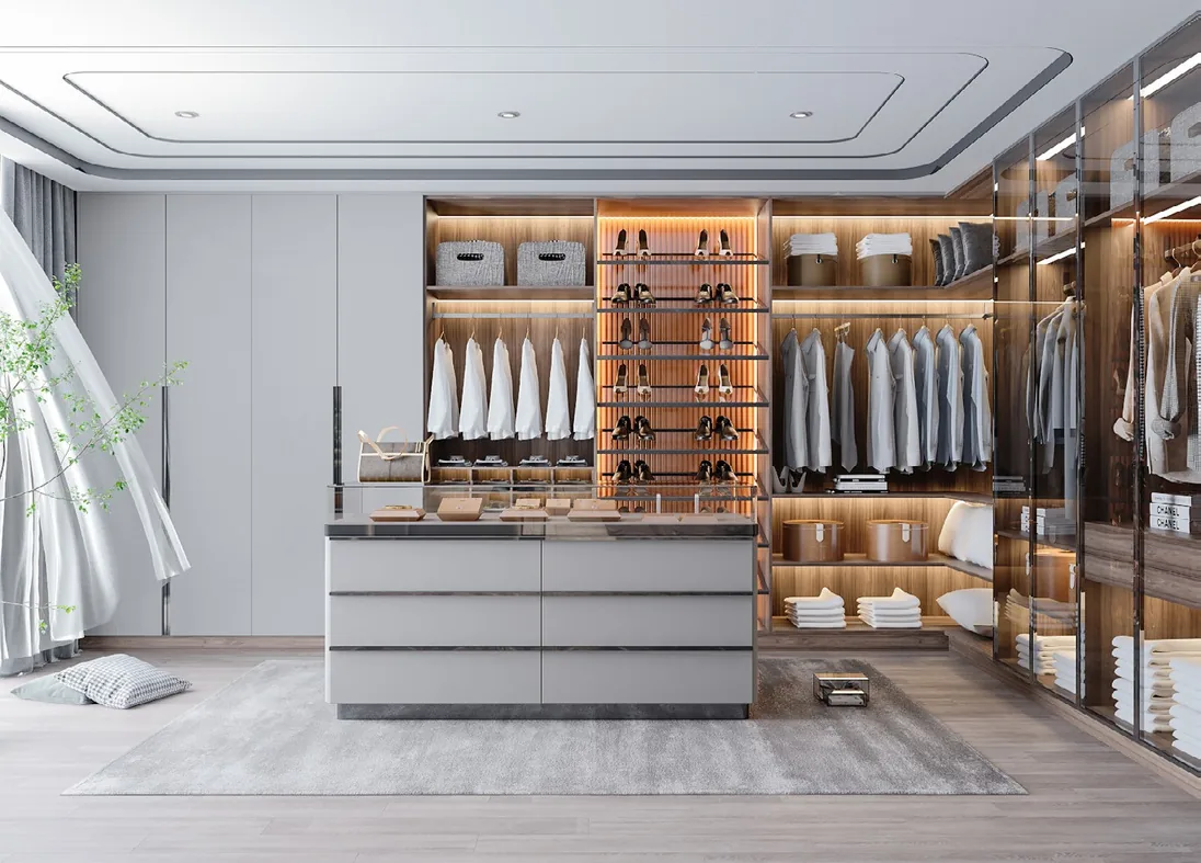 Closet organization system with island and seated dressing area, Hawaii residence