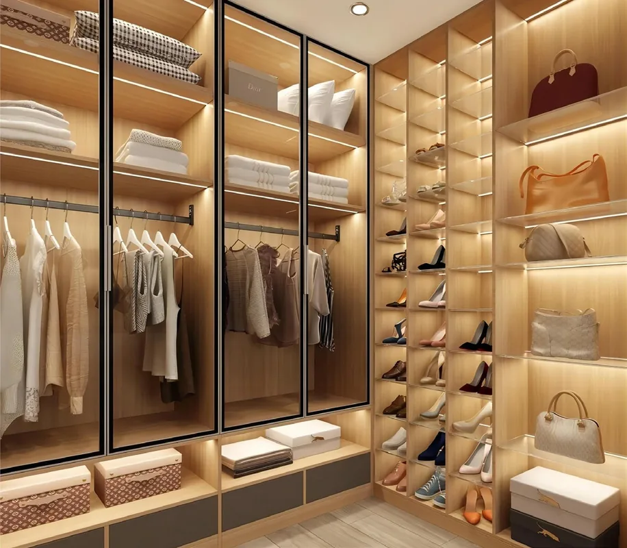Custom bedroom storage with matte and wood-grain finishes, Kapolei showroom display