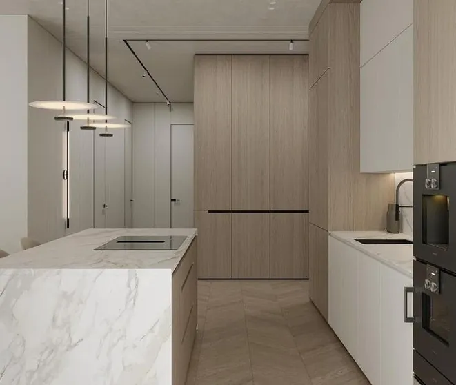 Transitional Hawaii kitchen featuring a marble-look backsplash and integrated dining, Honolulu home
