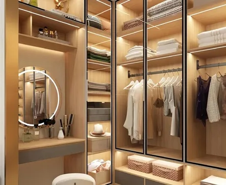 Modern wardrobe design featuring soft-close drawers and hanging rods, Oahu custom installation