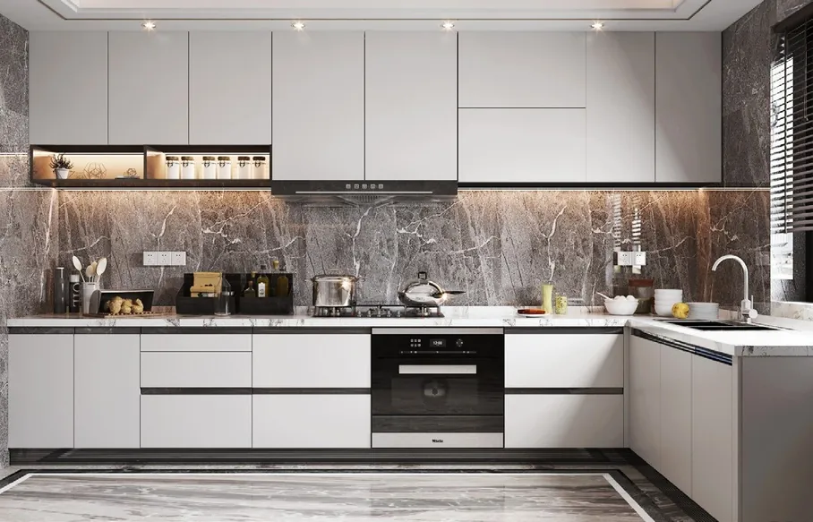 Handleless modern kitchen featuring slab-front cabinetry and under-cabinet LED lighting, Oahu custom installation