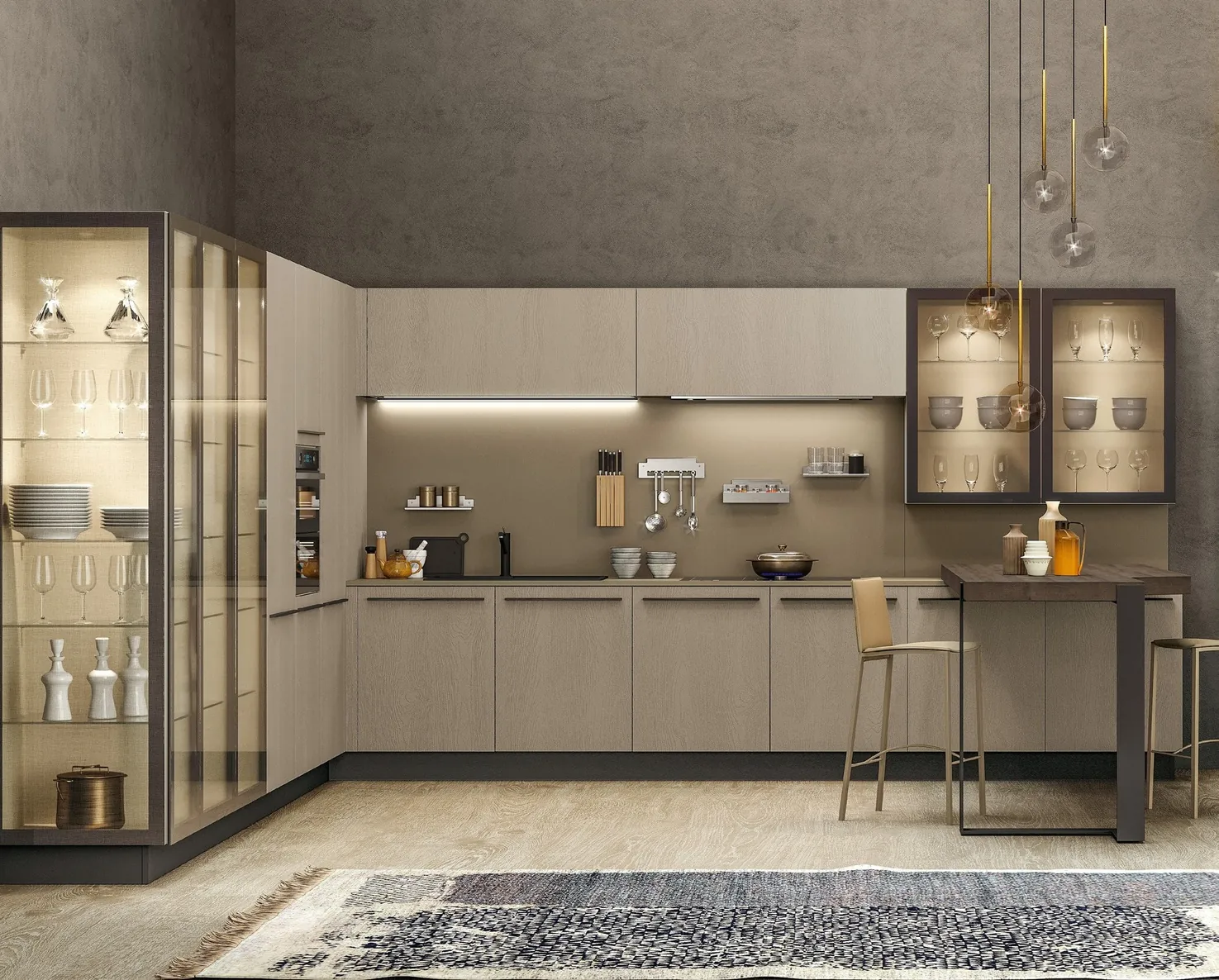 Two-tone kitchen cabinets with built-in wine storage and display shelving, Kapolei showroom display