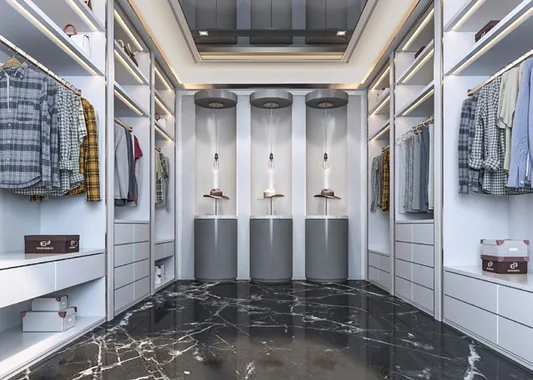Walk-in dressing room featuring pull-out racks and hampers, Honolulu home