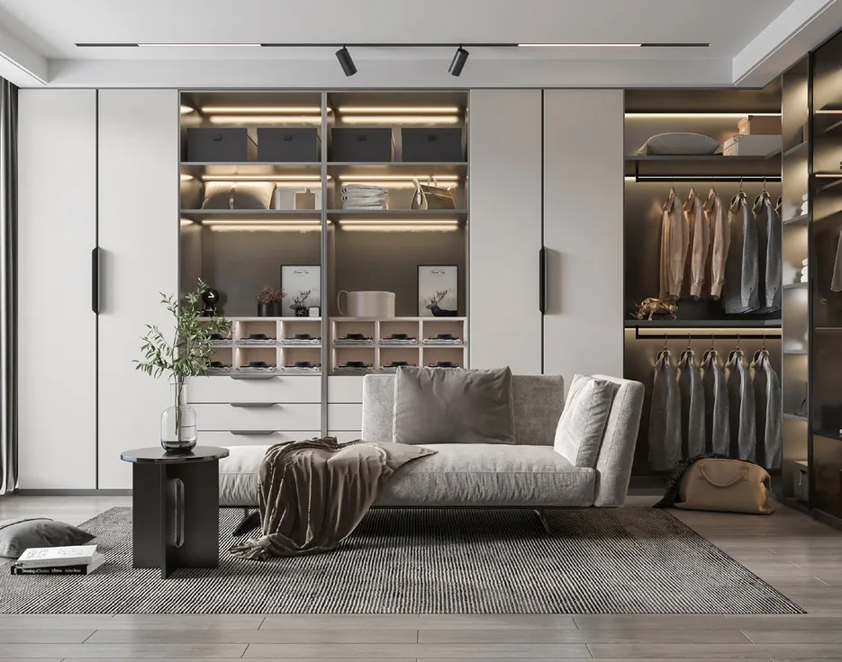Custom bedroom storage with matte and wood-grain finishes, Kapolei showroom display