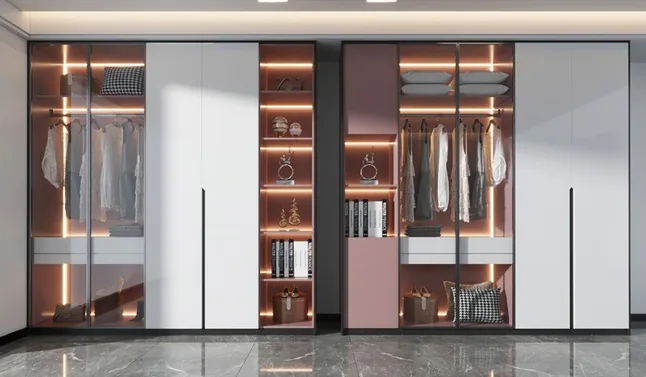 Floor-to-ceiling closet system featuring full-height mirrored doors, Oahu showroom