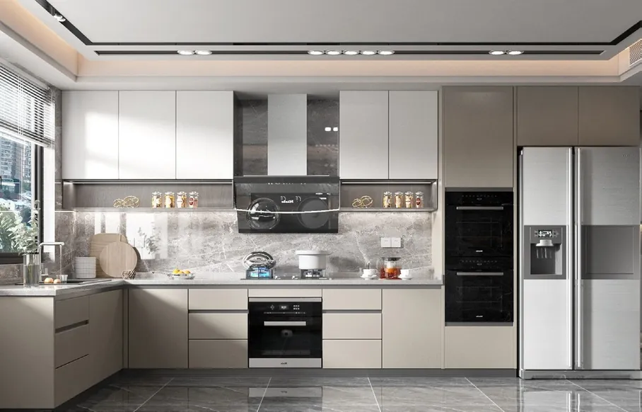 Transitional Hawaii kitchen featuring a marble-look backsplash and integrated dining, Honolulu home