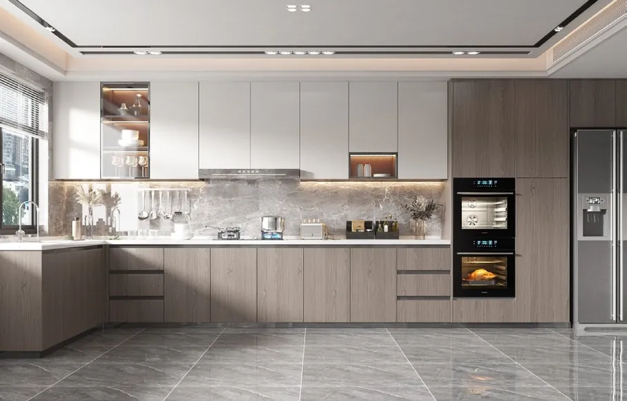 Modern custom kitchen with quartz waterfall island and integrated appliances, Oahu showroom