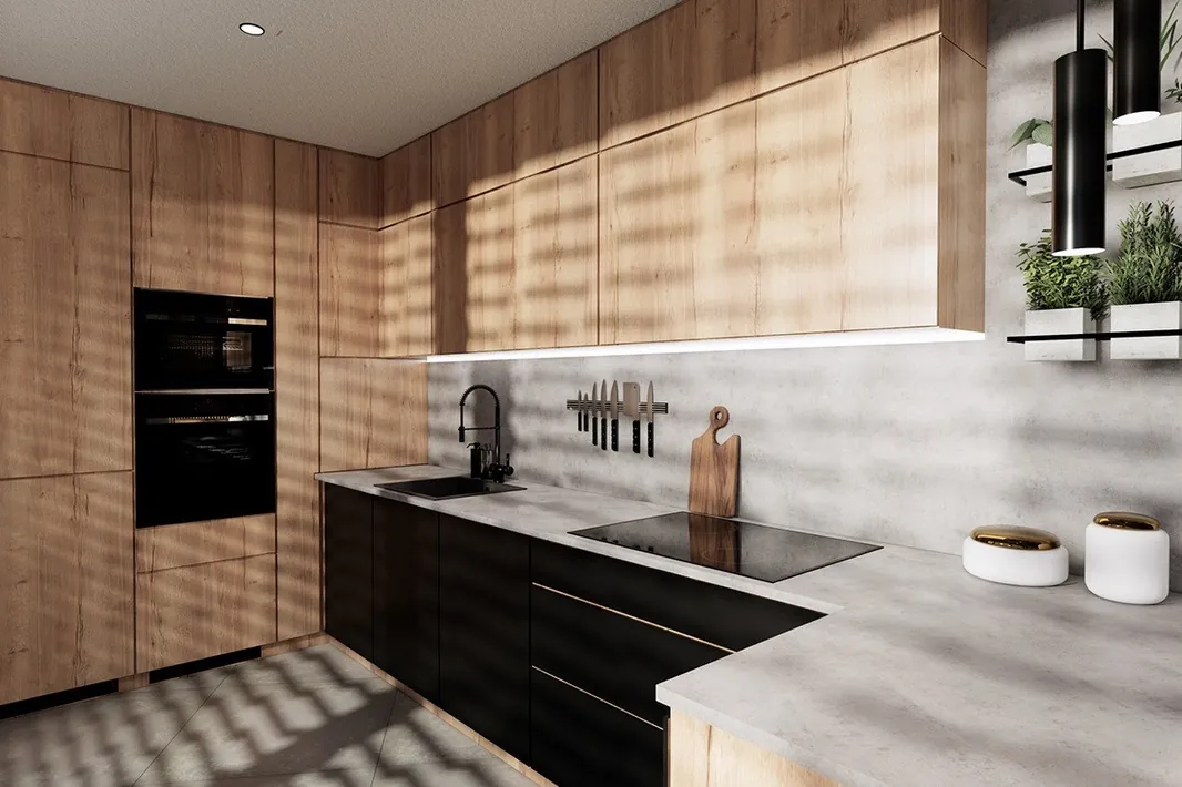 Transitional Hawaii kitchen featuring a marble-look backsplash and integrated dining, Honolulu home