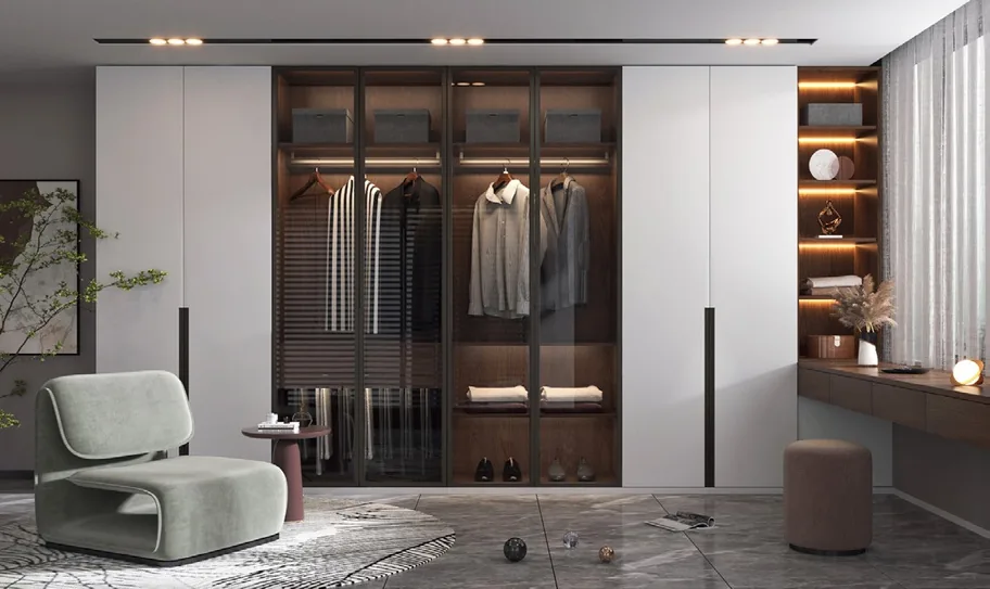 Closet organization system with island and seated dressing area, Hawaii residence