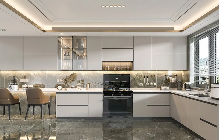 Warm galley with cove lighting Warm taupe galley kitchen with coffered ceiling — Hawaii