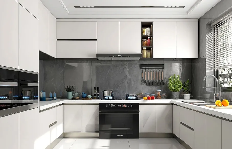 Transitional Hawaii kitchen featuring a marble-look backsplash and integrated dining, Honolulu home