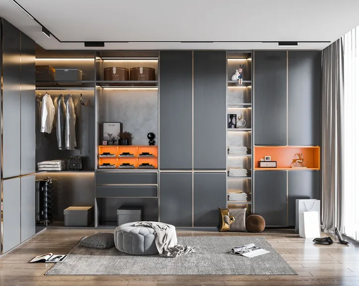 Floor-to-ceiling closet system featuring full-height mirrored doors, Oahu showroom