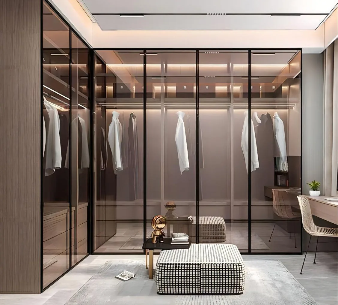 Reach-in wardrobe with glass-front cabinetry, Kapolei showroom display