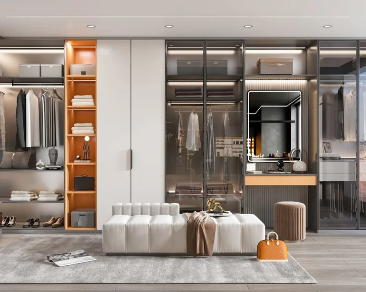 Reach-in wardrobe with glass-front cabinetry, Kapolei showroom display