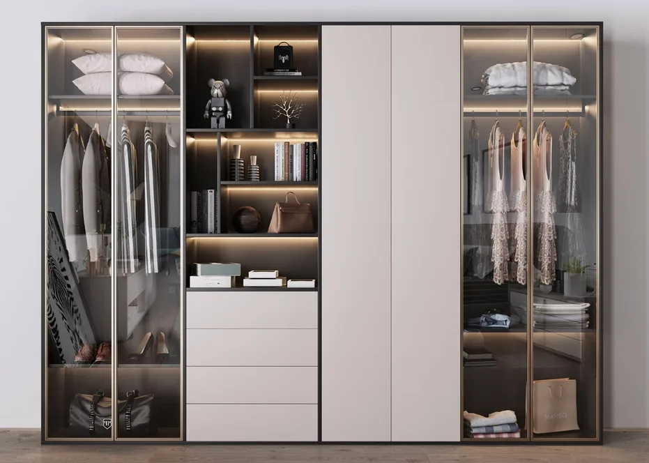 Floor-to-ceiling closet system featuring full-height mirrored doors, Oahu showroom
