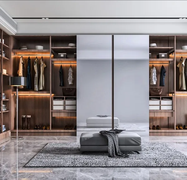 Custom bedroom storage with matte and wood-grain finishes, Kapolei showroom display