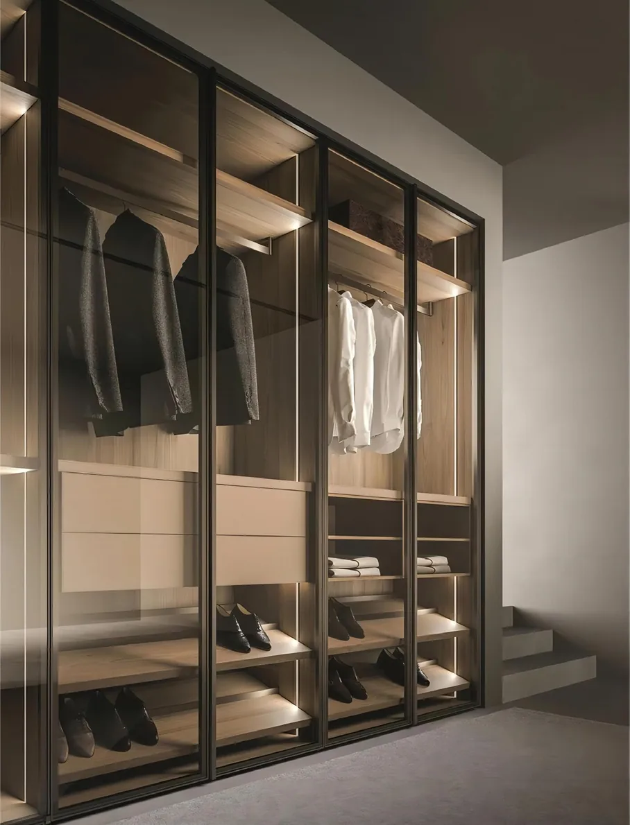 Floor-to-ceiling closet system featuring full-height mirrored doors, Oahu showroom