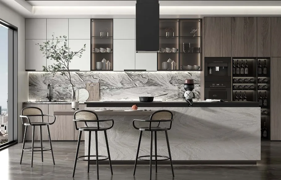 Minimalist kitchen design with porcelain countertops and tall storage walls, Hawaii residence