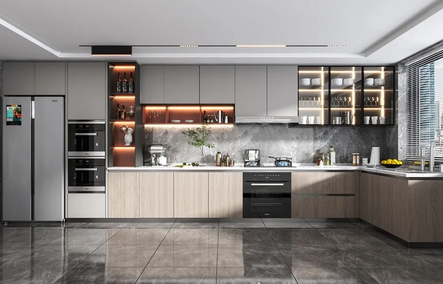 Two-tone kitchen cabinets with built-in wine storage and display shelving, Kapolei showroom display