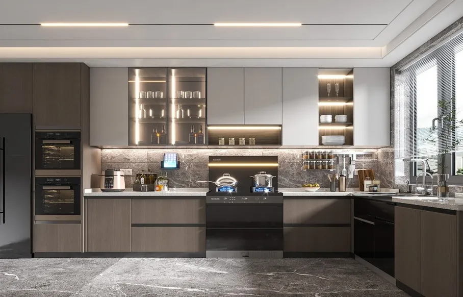 Luxury Oahu kitchen with custom hood, gas cooktop, and prep sink, Honolulu home