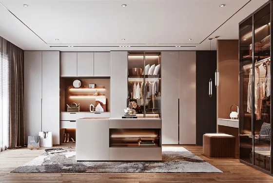 Custom walk-in closet with built-in shelving and drawers, Oahu showroom