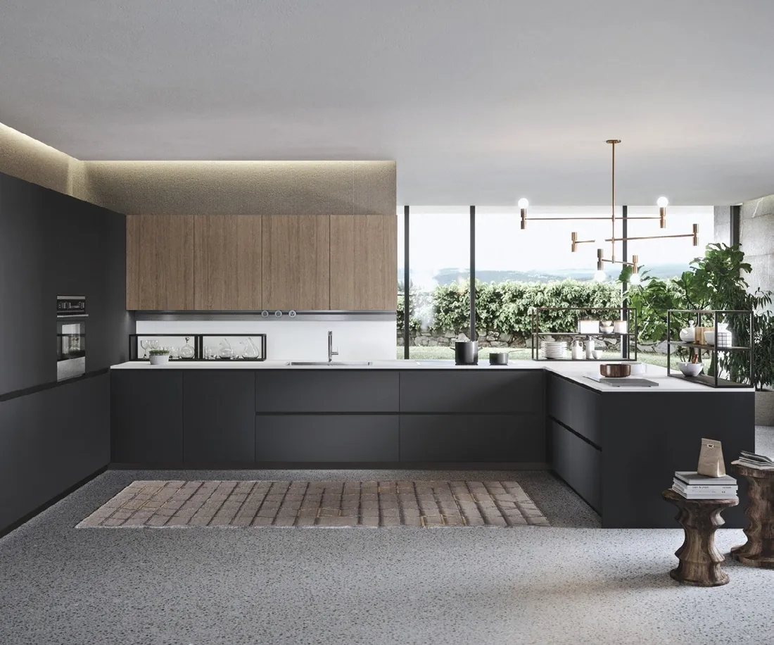 Modern custom kitchen with quartz waterfall island and integrated appliances, Oahu showroom