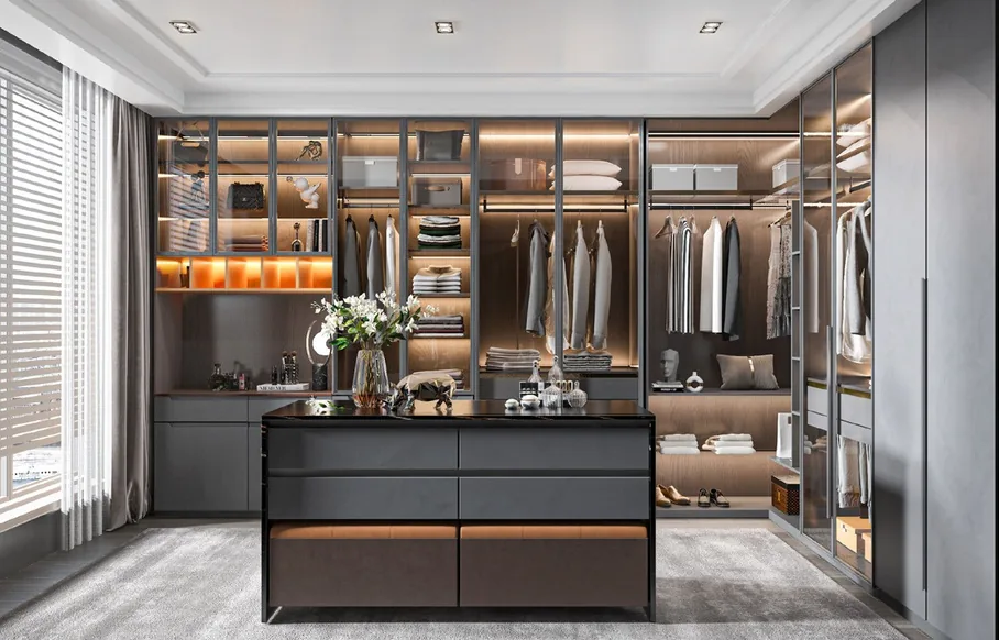 Walk-in dressing room featuring pull-out racks and hampers, Honolulu home