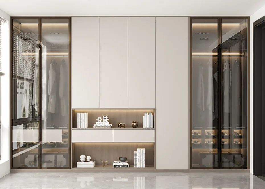 Reach-in wardrobe with glass-front cabinetry, Kapolei showroom display