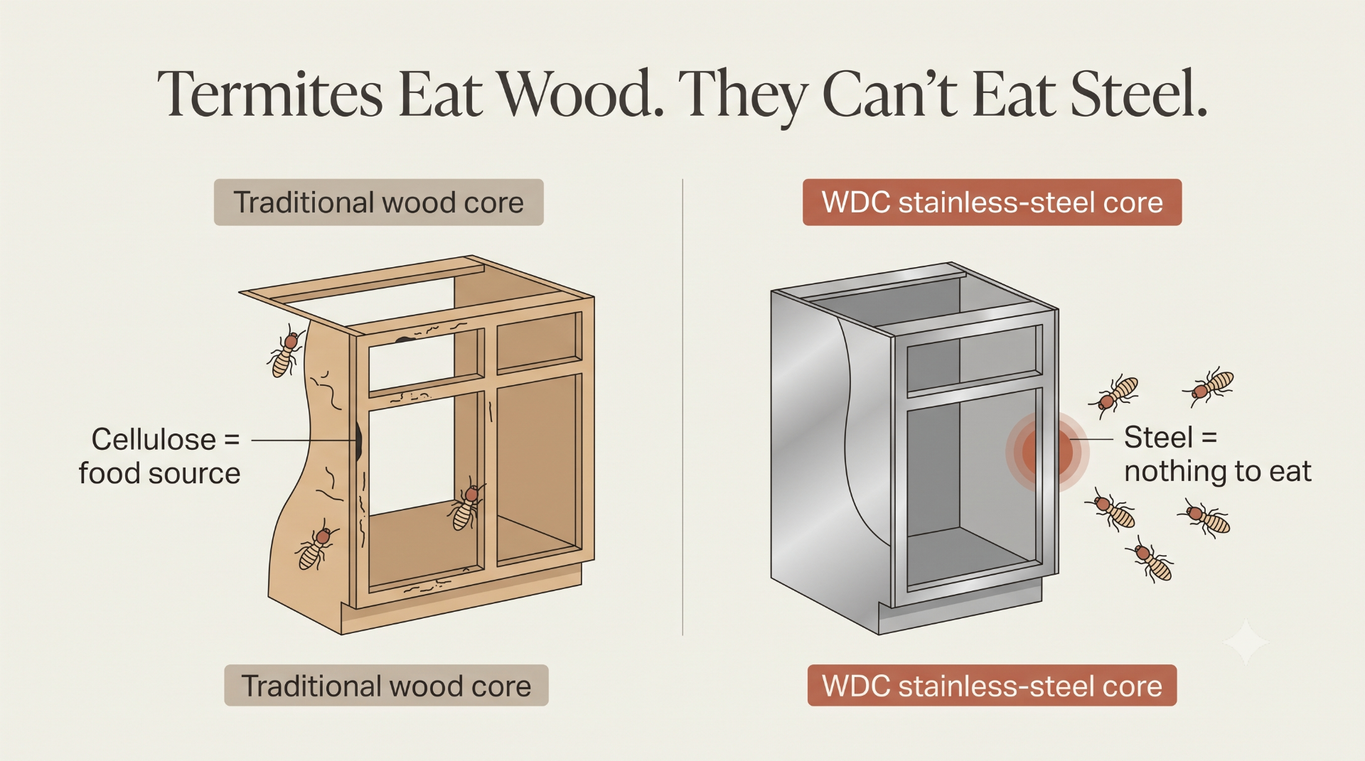 Diagram showing termites can consume a wood cabinet frame but cannot damage a stainless-steel cabinet structure.