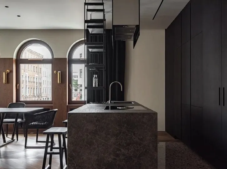 Minimalist kitchen design with porcelain countertops and tall storage walls, Hawaii residence