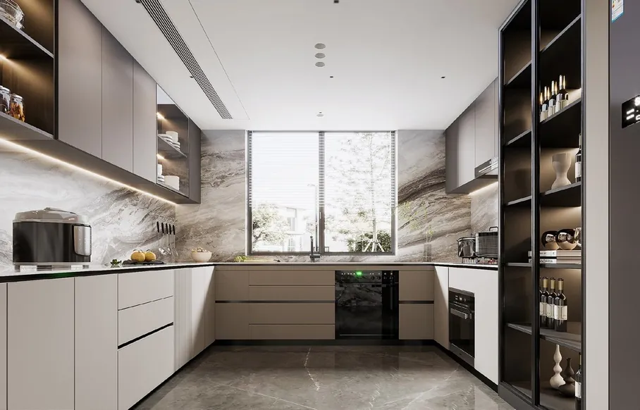 Modern custom kitchen with quartz waterfall island and integrated appliances, Oahu showroom