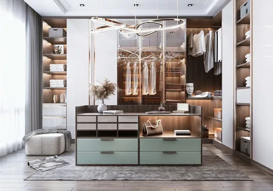 Built-in bedroom wardrobe with custom drawer dividers and jewelry trays, Oahu custom installation