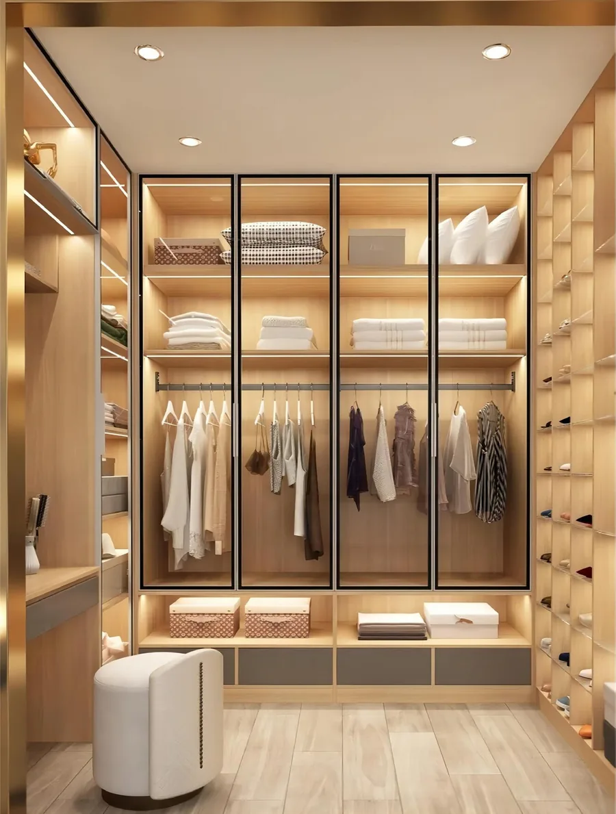 Floor-to-ceiling closet system featuring full-height mirrored doors, Oahu showroom