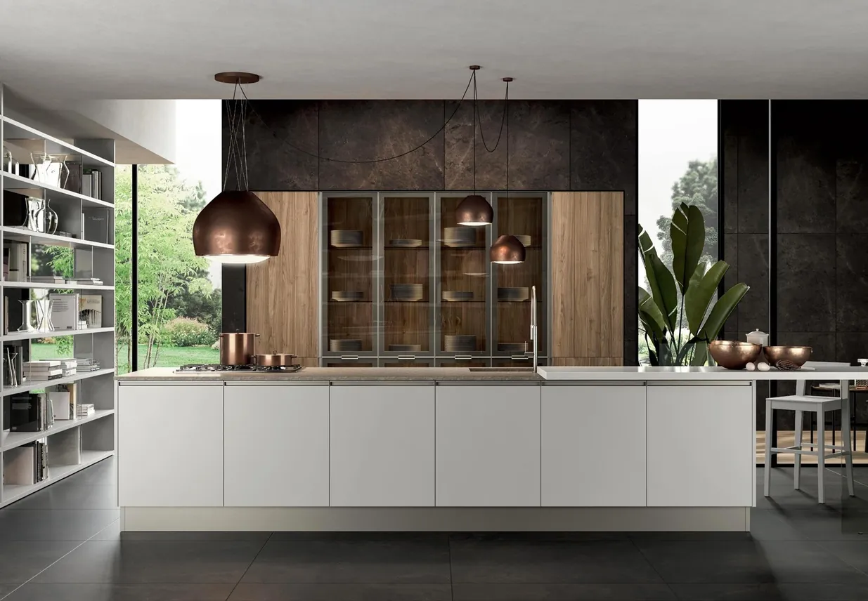 Two-tone kitchen cabinets with built-in wine storage and display shelving, Kapolei showroom display