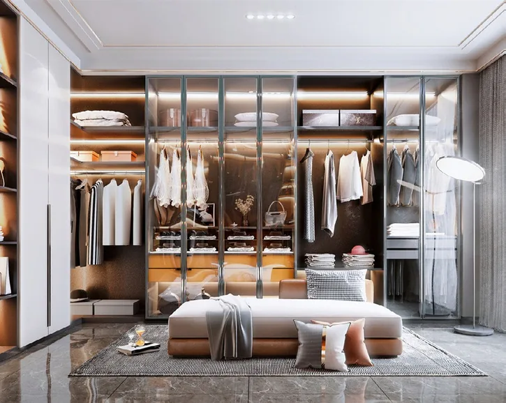 Floor-to-ceiling closet system featuring full-height mirrored doors, Oahu showroom