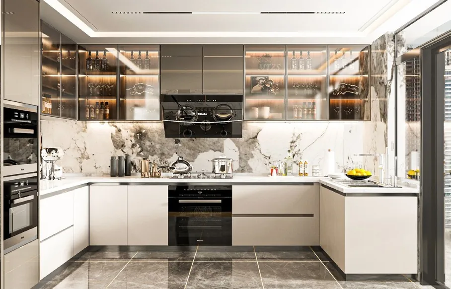 Transitional Hawaii kitchen featuring a marble-look backsplash and integrated dining, Honolulu home