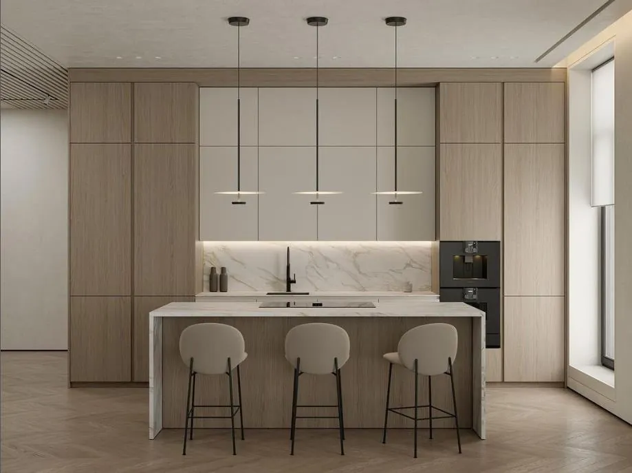 Custom kitchen cabinets featuring walnut accents and soft-close drawers, Oahu custom installation