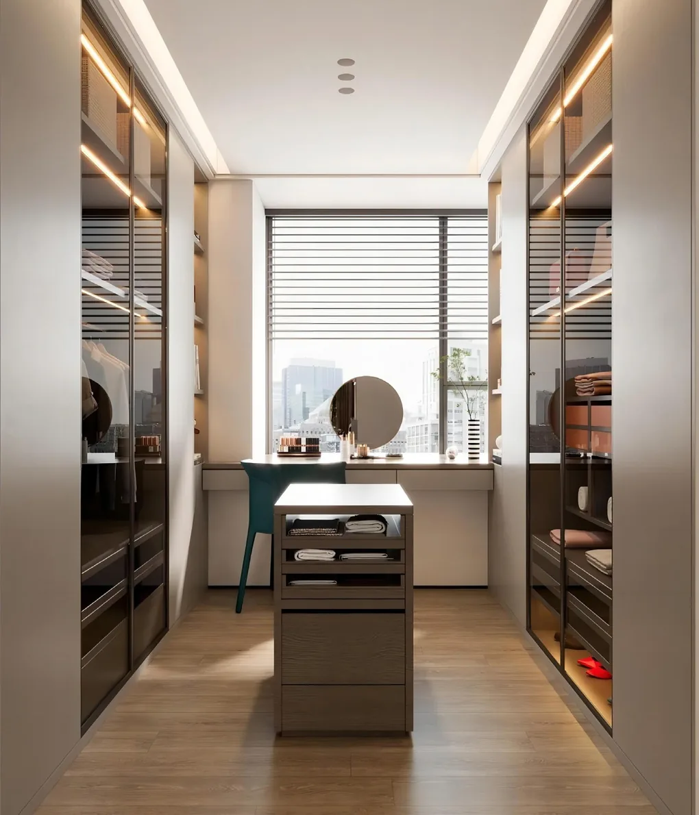 Custom walk-in closet with built-in shelving and drawers, Oahu showroom