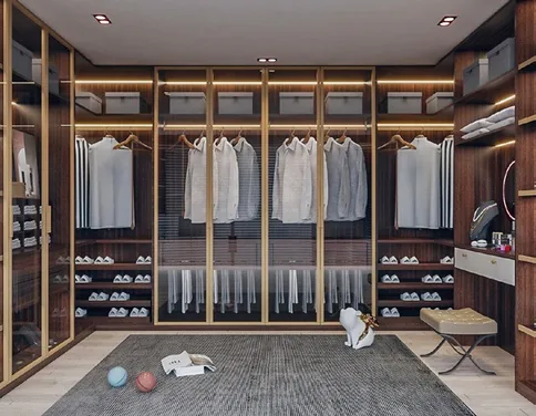 Reach-in wardrobe with glass-front cabinetry, Kapolei showroom display