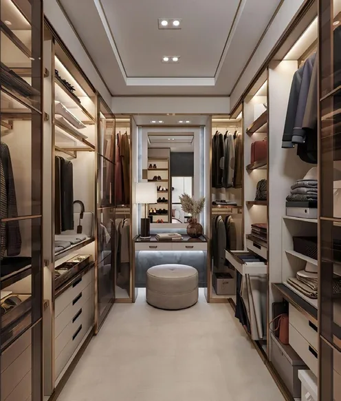 Walk-in dressing room featuring pull-out racks and hampers, Honolulu home