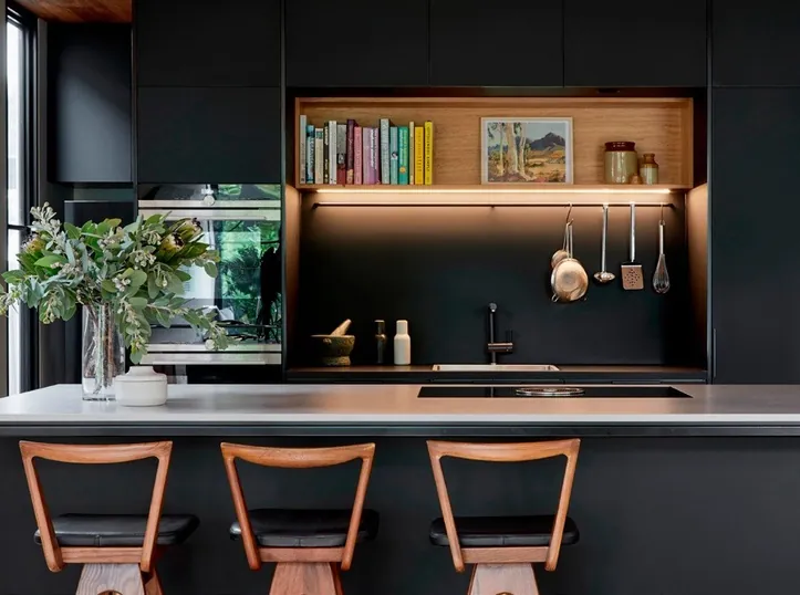 Two-tone kitchen cabinets with built-in wine storage and display shelving, Kapolei showroom display