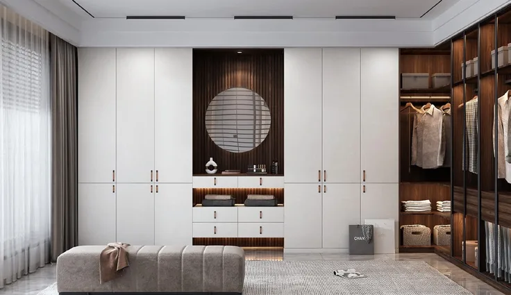 Custom bedroom storage with matte and wood-grain finishes, Kapolei showroom display