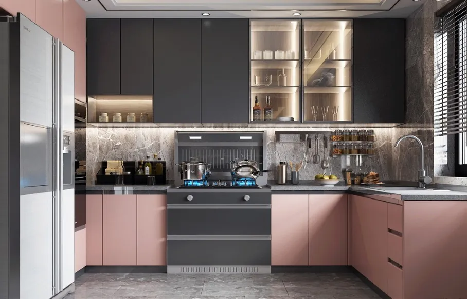 Two-tone kitchen cabinets with built-in wine storage and display shelving, Kapolei showroom display