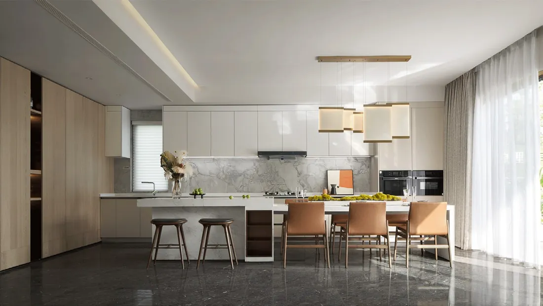 Custom kitchen cabinets featuring walnut accents and soft-close drawers, Oahu custom installation