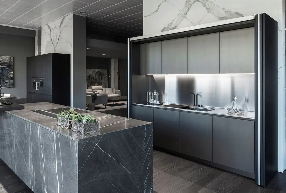 Transitional Hawaii kitchen featuring a marble-look backsplash and integrated dining, Honolulu home