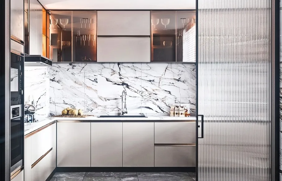 Contemporary kitchen design featuring a stone backsplash and matte finishes, Kapolei showroom display